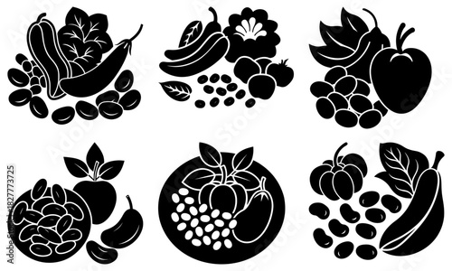 Fresh produce bounty with eggplant, tomatoes, grapes, and beans, perfect for healthy recipes and vibrant food illustrations in black and white design
