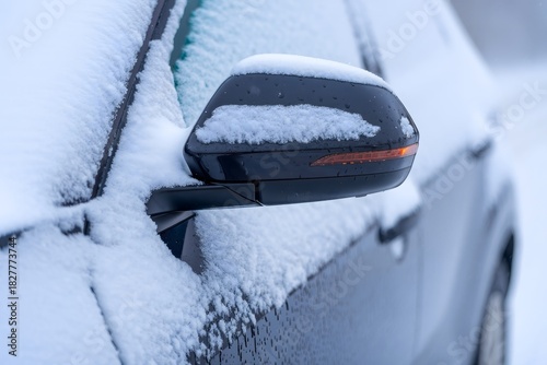 Snow-Covered Car Side View Mirror - Winter Weather Detail