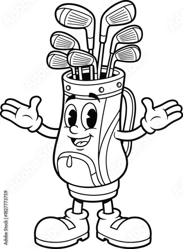 Funny golf bag cartoon character with clubs, happy face mascot, black and white line art vector illustration, sports coloring page design