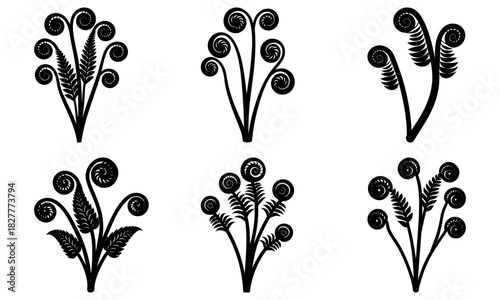 Elegant fern fronds in black silhouette, perfect for botanical designs, invitations, and nature-inspired themes, adding a touch of organic beauty