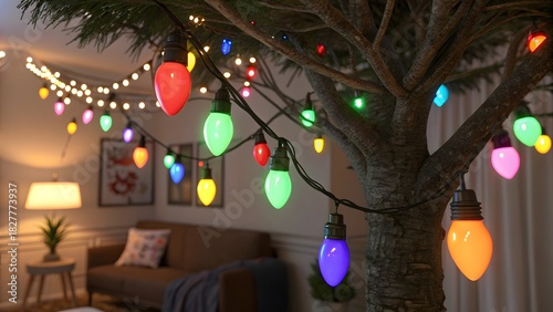Cozy living room interior with a large tree decorated with colorful vintage style christmas lights creating a festive holiday atmosphere