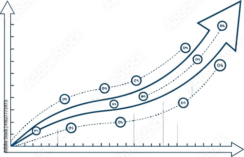 Handdrawn blue line graph showing upward trend with data points and an arrow indicating significant growth
