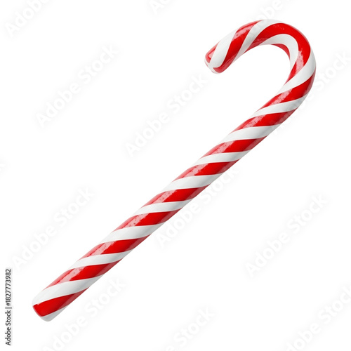 Candy cane isolated on transparent background – red and white striped curved stick with glossy surface. 