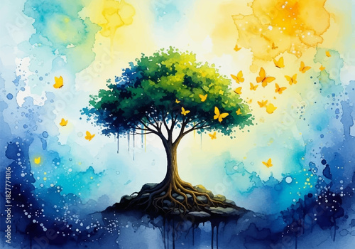 Watercolor art depicting a tree, roots, and butterflies in a colorful sky, symbolizing growth