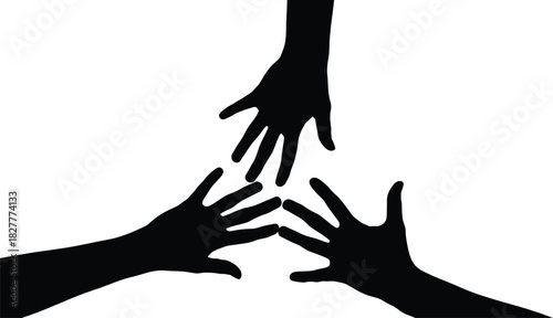 Silhouette of three human hands reaching towards the center against a stark, symbolizing unity and teamwork
