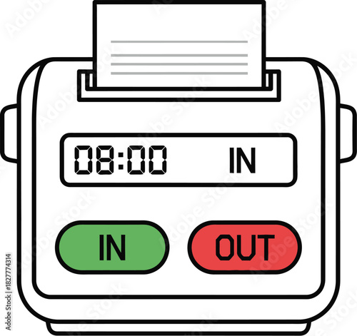 Illustration of a time clock machine showing 0800 in with green in and red out buttons