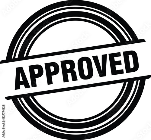 Black rubber stamp graphic featuring the word approved angled across a circular design