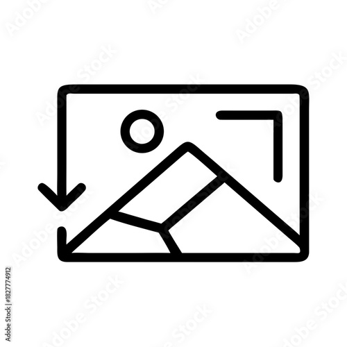 Outline icon of landscape image with sun and mountain, visual representation concept, minimalist design
