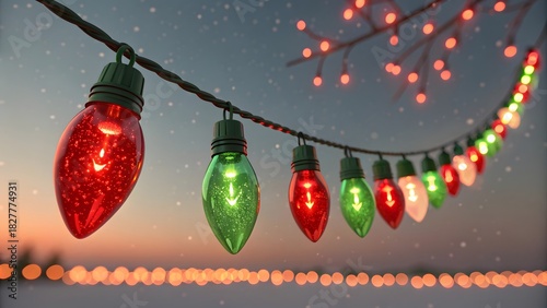 Festive string of large colorful christmas lights twinkling against a starry night sky with bokeh background