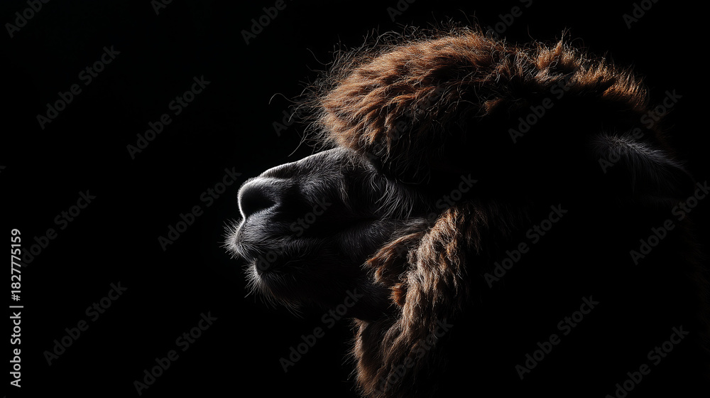 Fototapeta premium Intensely lit Alpaca face in dark mountain backdrop