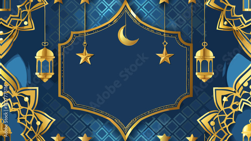 Golden islamic decorations on a blue background