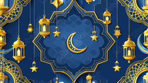 Golden lanterns and crescent moon on blue background