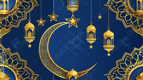 Golden crescent moon with lanterns and stars art