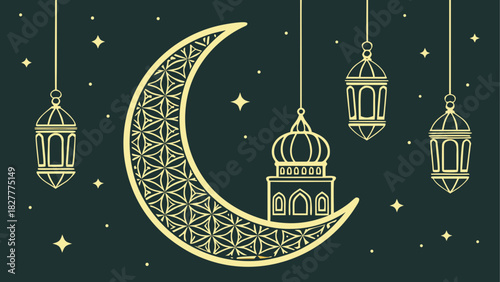 Crescent moon and lanterns with stars illustration