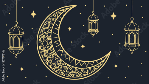 Golden crescent moon with lanterns and stars art