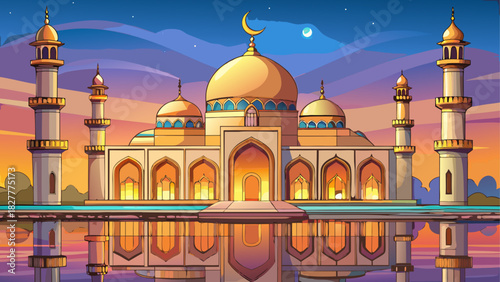 Illustration of a mosque with reflection at dusk