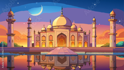 Illustration of the taj mahal at sunset with moon