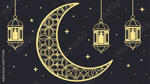 Golden moon and lanterns on dark blue background