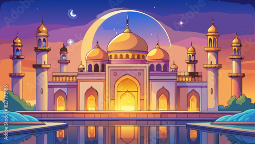 Cartoonish mosque with crescent moon and reflection