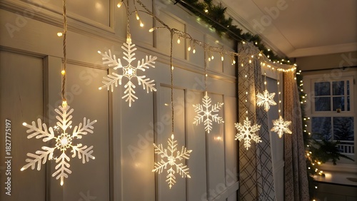 Cozy winter evening with glowing snowflake lights and festive garland adorning a rustic wooden wall