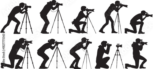 Silhouette of photographers in various poses with cameras and tripods