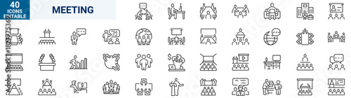 Meeting set of web icons in line style. Live webinar icons for web and mobile app. Containing conference, business meeting, classroom, team, interview, conference, work, discussion and more