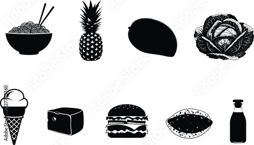 Black and white food icons vector illustration set