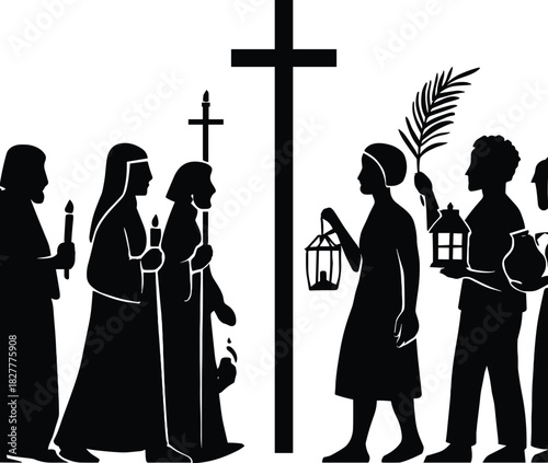 Christian Procession Silhouette – Religious Ceremony Clipart with Cross, Candles, Lanterns & Palm Branch