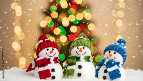 Three Cheerful Snowmen in Hats and Scarves with Blurred Christmas Tree and Bokeh Lights