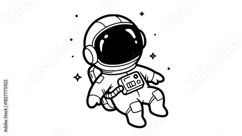 Vector illustration of a cute astronaut floating in zero gravity, isolated, clean line art, minimalistic style, high contrast, no background