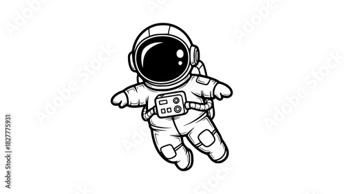 Vector illustration of a cute astronaut floating in zero gravity, isolated, clean line art, minimalistic style, high contrast, no background