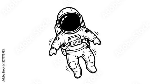 Vector illustration of a cute astronaut floating in zero gravity, isolated, clean line art, minimalistic style, high contrast, no background