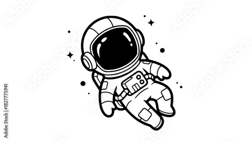 Vector illustration of a cute astronaut floating in zero gravity, isolated, clean line art, minimalistic style, high contrast, no background
