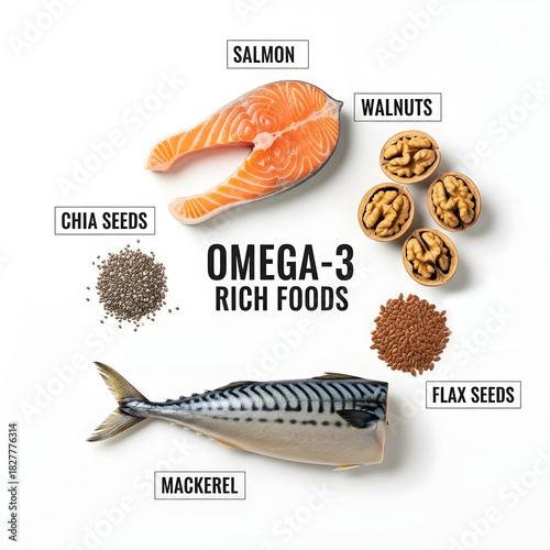 Omega-3 Rich Food Variety: Showcasing a range of healthy food options rich in omega-3 fatty acids, this image offers a visual guide to nutritious eating. Featuring salmon, mackerel, walnuts.