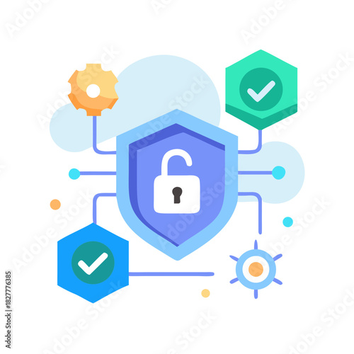 Colorful cybersecurity shield icon with lock and technology symbols, digital protection concept
