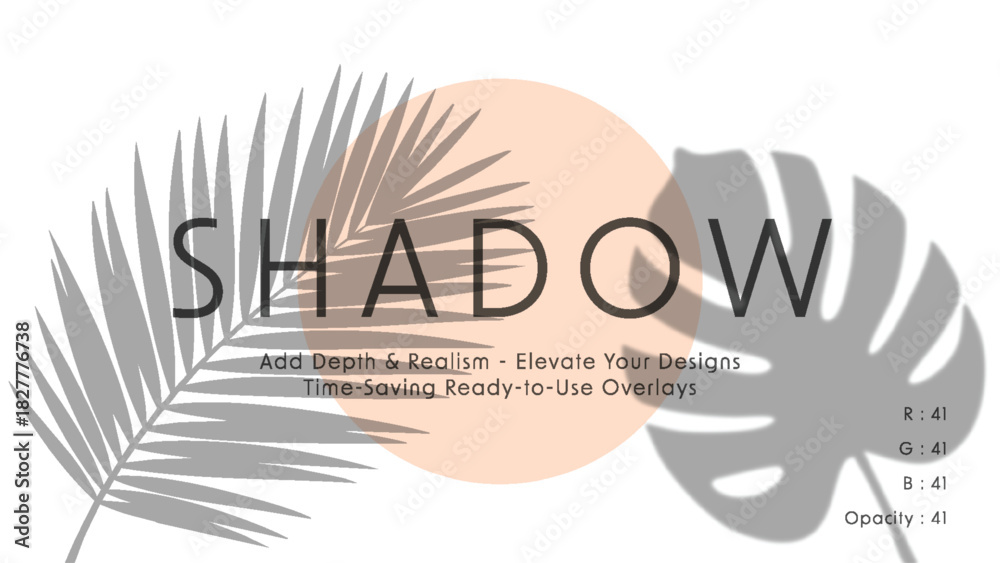 Fototapeta premium Minimalist vector art with overlapping tropical leaf shadows and peach sun circle behind bold shadow typography in soft gray palette, landscape layout, gentle afternoon lighting