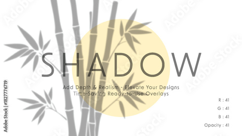 Minimalist vector art of soft bamboo shadows against pale yellow sun circle with centered word shadow and subtle grey overlay typography in calm zen horizontal layout