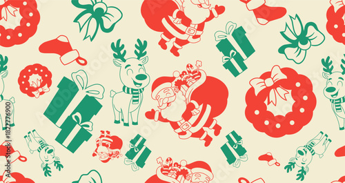 Seamless Christmas pattern background with Santa, gifts, ribbons, and wreaths in a stylish line pattern.
