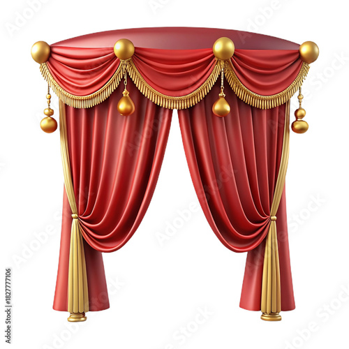 Luxurious red and gold draped stage curtain with tassels and ornaments