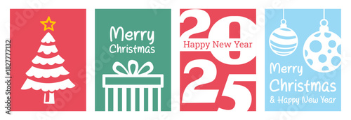 Four Holiday Graphic Cards Featuring Christmas Tree, Gift, Year 2025, and Ornaments