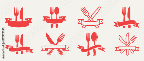Collection of eight red vintage restaurant logos with cutlery and ribbons