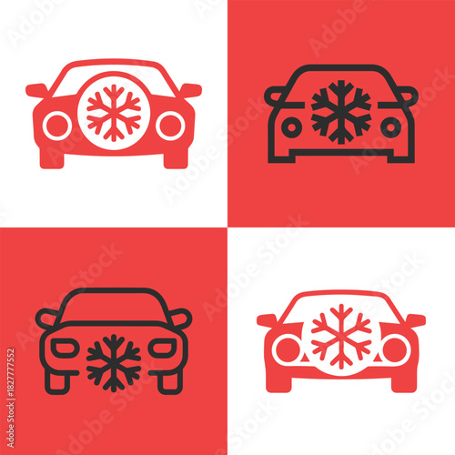 Set of four stylized car icons with snowflake designs for winter driving and automotive themes
