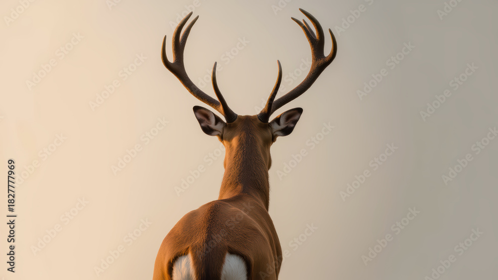 Fototapeta premium Majestic deer with impressive antlers stands gracefully against soft background, embodying tranquility and natural beauty