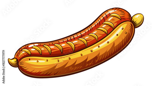 Very beautiful semi-realistic vector illustration of a single German bratwurst sausage, featuring a perfectly cooked, golden-brown exterior with detailed texture, isolated on a clean white background.