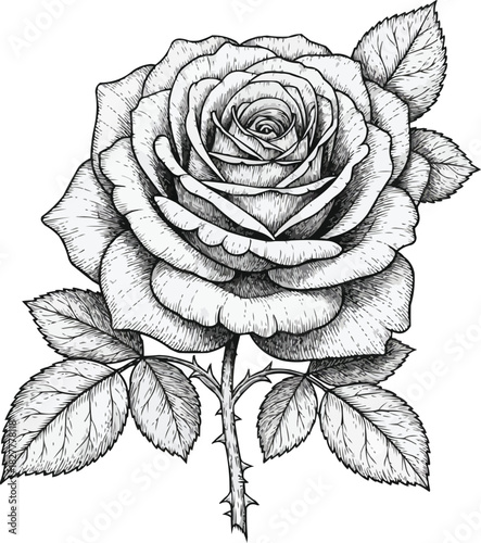 Elegant rose blossom in black and white drawing
