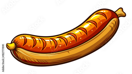 Very beautiful semi-realistic vector illustration of a single German bratwurst sausage, featuring a perfectly cooked, golden-brown exterior with detailed texture, isolated on a clean white background.