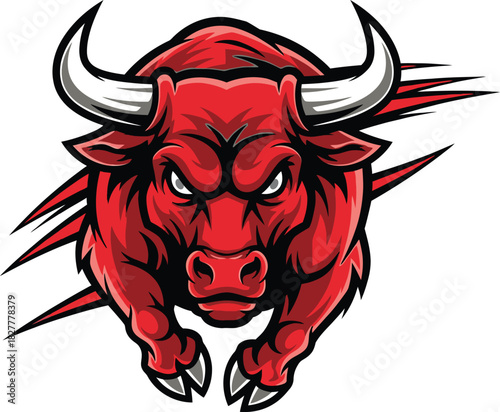 Powerful red raging bull mascot charging with angry expression and sharp horns for sports team logo and emblem.