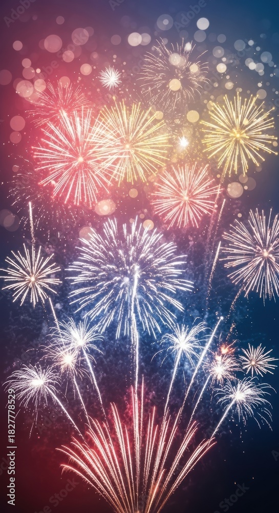 Naklejka premium Abstract Colorful Fireworks Digital Illustration. Festive Bokeh Lights And Sparkles Background. Vibrant Celebration Fireworks Art Display.