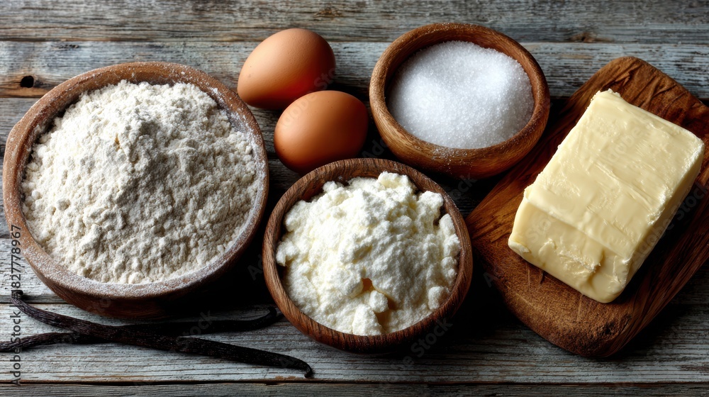Fototapeta premium Flat lay of baking ingredients - flour, sugar, eggs, butter, vanilla pod on light wood background