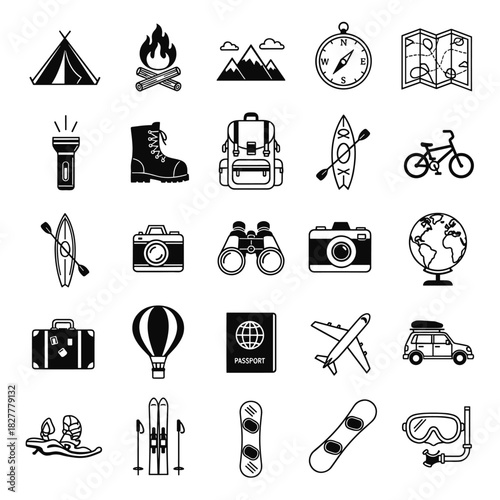 Collection of Outdoor Adventure and Travel Icons Representing Activities like Camping Hiking Kayaking Cycling and Globe Trotting